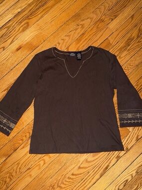 Sonoma Brown Long-Sleeve Top with Embroidered Cuffs